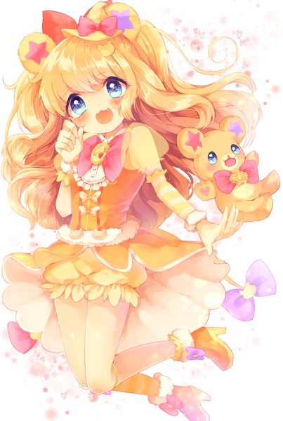 Anime picture 696x1036 with precure mahou girls precure! toei animation mofurun (mahou girls precure!) cure mofurun sakuramocchi long hair tall image blush fringe open mouth blonde hair simple background white background animal ears bent knee (knees) :d high heels puffy sleeves fur trim