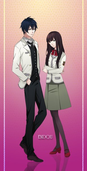 Anime picture 800x1566 with original hiruna454 long hair tall image looking at viewer fringe short hair black hair simple background brown hair standing green eyes blue hair aqua eyes mole couple mole under eye crossed arms hand in pocket hands in pockets