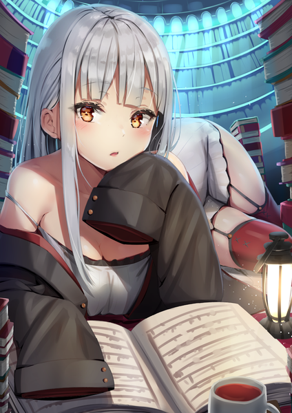 Anime picture 989x1400 with original reinama single long hair tall image looking at viewer blush fringe breasts open mouth light erotic large breasts brown eyes payot cleavage silver hair indoors lying blunt bangs off shoulder