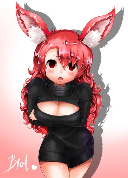 Anime picture 900x1250 with blat (artist) single long hair tall image looking at viewer blush breasts open mouth light erotic simple background red eyes animal ears cleavage red hair girl sweater turtleneck open-chest turtleneck