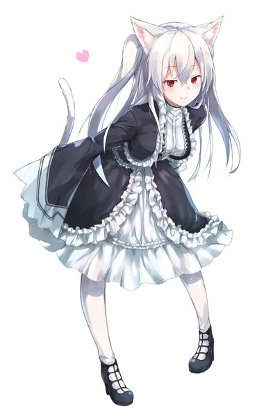 Anime picture 2888x4520 with virtual youtuber nora cat channel nora cat yossui single long hair tall image looking at viewer fringe highres simple background smile hair between eyes red eyes standing white background animal ears full body white hair tail