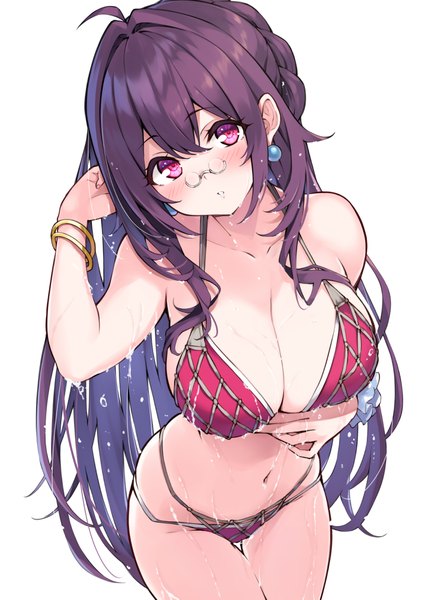 Anime picture 708x1000 with cu-no kokonoe tamaki hisenkaede single long hair tall image looking at viewer blush fringe breasts light erotic simple background hair between eyes large breasts standing white background payot purple hair ahoge parted lips