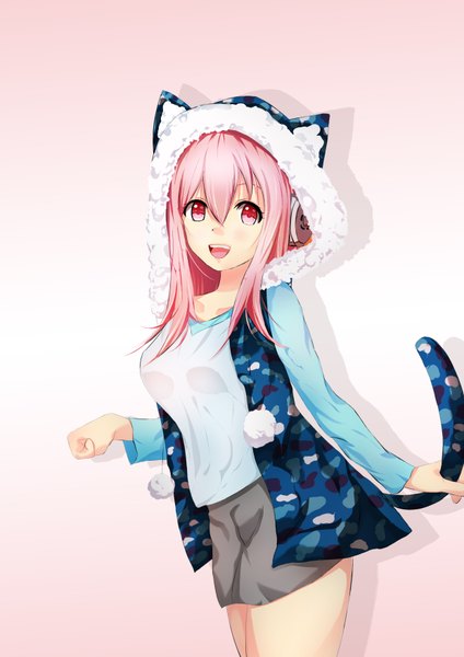 Anime picture 2480x3507 with nitroplus super sonico dragon (pixiv id12501628) single long hair tall image looking at viewer fringe highres breasts simple background large breasts standing animal ears pink hair tail animal tail pink eyes cat ears teeth