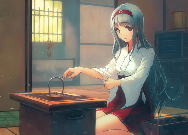 Anime picture 800x575 with kantai collection shoukaku aircraft carrier yoshitake single long hair looking at viewer fringe open mouth sitting brown eyes bent knee (knees) indoors sunlight aqua hair outstretched arm girl window headband vase sliding doors