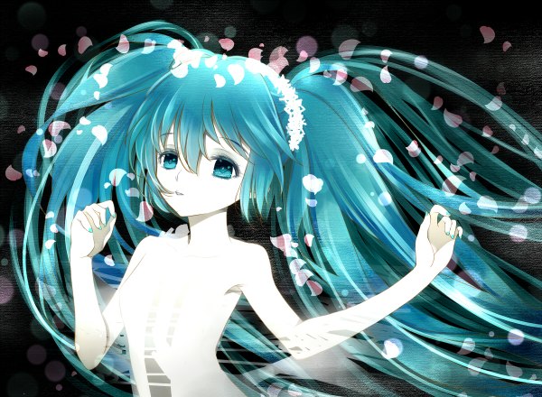 Anime picture 1200x880 with vocaloid hatsune miku modern afro single long hair light erotic twintails bare shoulders nail polish aqua eyes aqua hair armpit (armpits) midriff girl petals