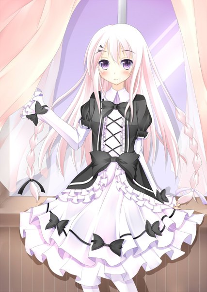 Anime picture 1000x1406 with original koushuu aki yasironokami (artist) single long hair tall image looking at viewer blush purple eyes white hair braid (braids) girl dress ribbon (ribbons) bow hair ribbon window