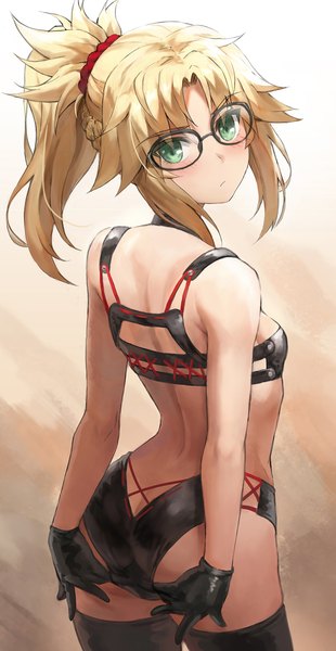 Anime picture 878x1699 with fate (series) fate/apocrypha mordred (fate) tonee single long hair tall image looking at viewer blush fringe breasts light erotic simple background blonde hair standing green eyes ponytail braid (braids) looking back from behind