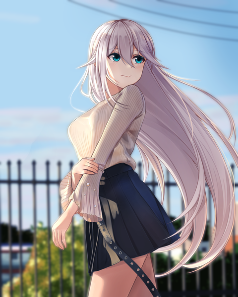 Anime picture 1909x2385 with honkai impact 3rd honkai (series) cecilia schariac aircell single long hair tall image blush fringe highres breasts blue eyes hair between eyes standing payot looking away sky silver hair long sleeves pleated skirt