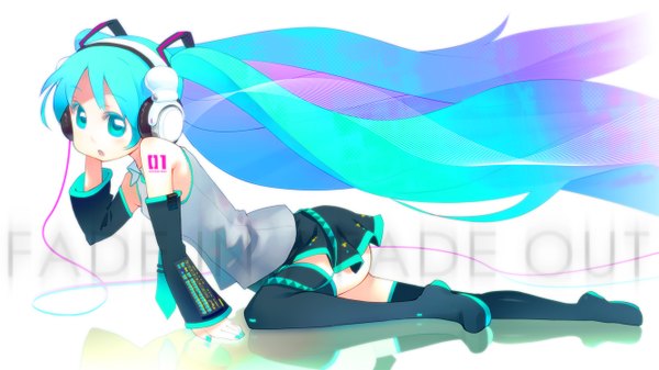 Anime picture 1333x750 with vocaloid hatsune miku minawa open mouth simple background wide image very long hair nail polish aqua eyes aqua hair arm support kneeling gradient hair aqua nail polish girl detached sleeves miniskirt headphones thigh boots wire (wires)