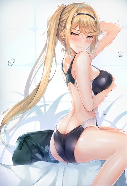 Anime picture 754x1100 with xenoblade xenoblade 2 mythra (xenoblade) inoue takuya (tactactak) single long hair tall image looking at viewer blush fringe breasts open mouth light erotic blonde hair hair between eyes large breasts sitting bare shoulders yellow eyes payot