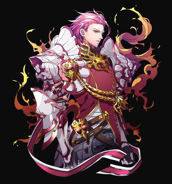 Anime picture 1500x1600 with granblue fantasy percival (granblue fantasy) tenobe single tall image short hair simple background red eyes looking away pink hair upper body profile black background boy armor fire spaulder (spaulders) gauntlets breastplate