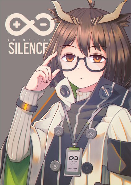 Anime picture 915x1294 with arknights silence (arknights) jacy single tall image looking at viewer fringe short hair brown hair animal ears upper body ahoge arm up horn (horns) wide sleeves orange eyes character names portrait adjusting glasses popped collar