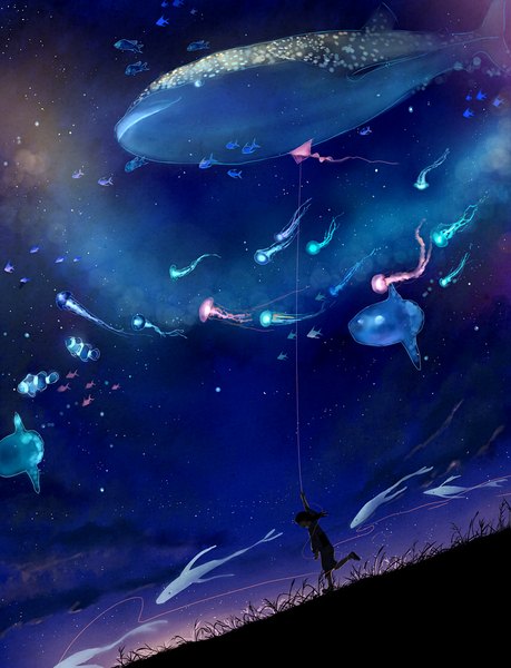 Anime picture 850x1111 with original megatruh tall image cloud (clouds) night night sky landscape fantasy scenic running girl plant (plants) animal star (stars) grass fish (fishes) jellyfish whale kite
