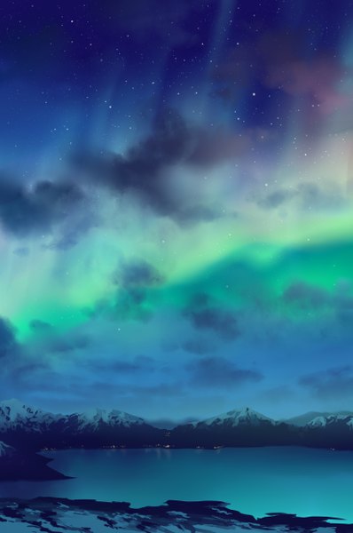 Anime picture 1648x2484 with longestdistance tall image sky cloud (clouds) mountain no people landscape city lights lake aurora borealis water star (stars)
