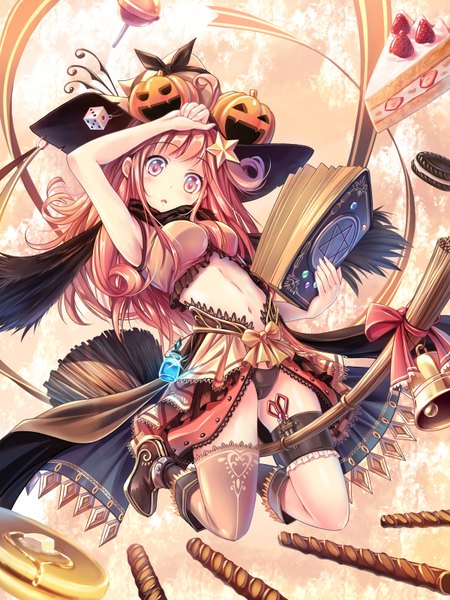 Anime picture 1200x1600 with original soraizumi single long hair tall image looking at viewer blush open mouth light erotic purple eyes red hair halloween witch girl navel underwear panties hat sweets scarf