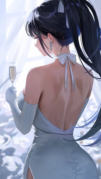 Anime-Bild 1087x1920 mit blue archive saori (blue archive) saori (dress) (blue archive) fh moya single long hair tall image breasts blue eyes light erotic black hair large breasts standing bare shoulders signed looking away ass ponytail from behind twitter username