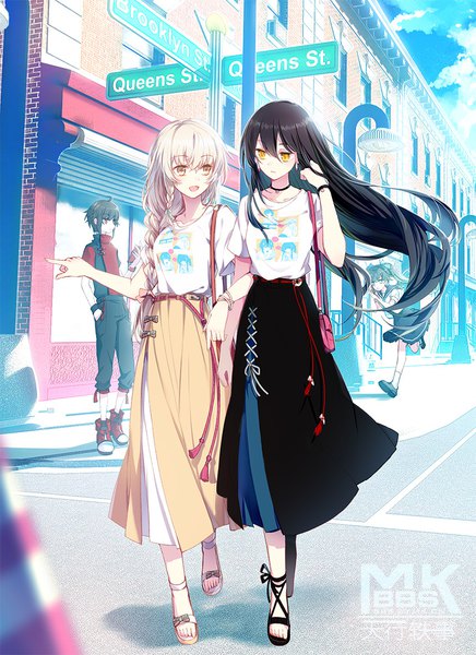 Anime picture 858x1180 with original heiyi long hair tall image fringe short hair open mouth black hair hair between eyes standing multiple girls yellow eyes looking away sky silver hair cloud (clouds) outdoors braid (braids) :d wind