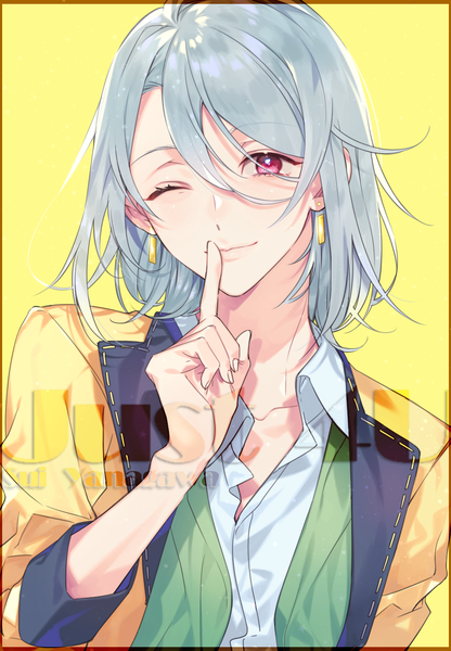Anime picture 1013x1462 with readyyy! yanagawa sui xxxxxymdy single tall image looking at viewer fringe short hair simple background smile hair between eyes silver hair one eye closed pink eyes wink character names watermark finger to mouth open collar yellow background