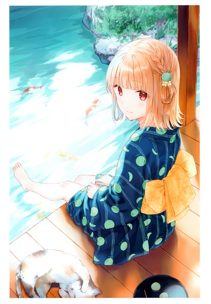 Anime picture 2406x3464 with original hiten (hitenkei) single tall image looking at viewer blush fringe highres short hair blonde hair smile red eyes sitting signed blunt bangs braid (braids) traditional clothes japanese clothes barefoot from above