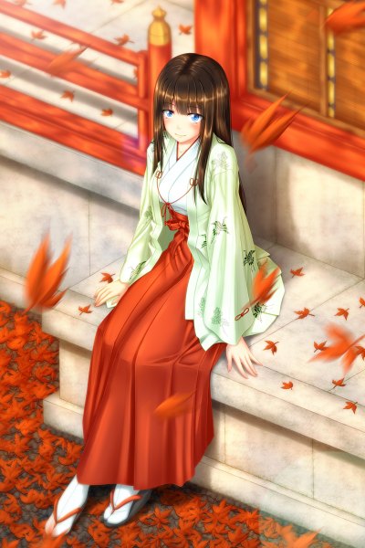 Anime picture 800x1200 with original k2-atelier single long hair tall image looking at viewer blush blue eyes brown hair sitting traditional clothes japanese clothes miko girl leaf (leaves) chihaya (clothing)