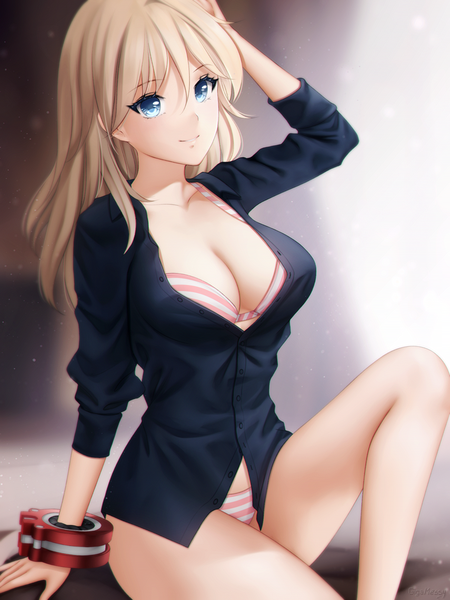 Anime picture 750x1000 with god eater god eater burst ufotable alisa ilinichina amiella gigamessy single long hair tall image looking at viewer fringe breasts blue eyes light erotic blonde hair smile hair between eyes large breasts sitting signed cleavage