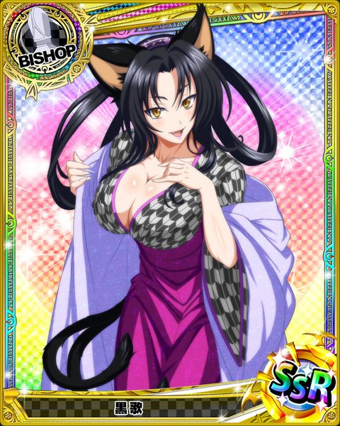 Anime picture 640x800 with highschool dxd kuroka (high school dxd) single long hair tall image looking at viewer blush breasts open mouth light erotic black hair large breasts animal ears yellow eyes cleavage tail traditional clothes japanese clothes animal tail cat ears