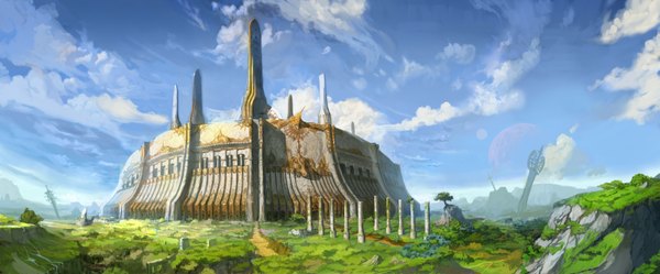 Anime picture 3270x1360 with original weltol (artist) highres wide image absurdres sky cloud (clouds) landscape fantasy nature moon planet pillar column