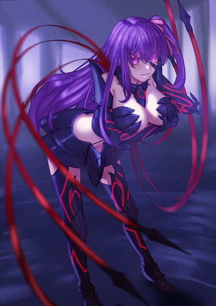 Anime picture 595x842 with fate (series) fate/stay night fate/zero matou sakura sakura (berserker install) whitem (whiteemperor2020) single long hair tall image looking at viewer blush fringe breasts light erotic smile hair between eyes large breasts purple eyes payot cleavage