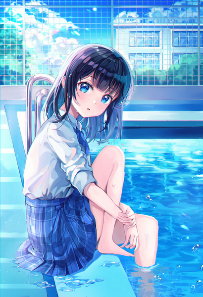 Anime picture 1500x2193 with original ssum (ehf dustk) single long hair tall image looking at viewer blush fringe open mouth blue eyes black hair sky cloud (clouds) bent knee (knees) blunt bangs barefoot wet partially submerged anaglyph leg hug