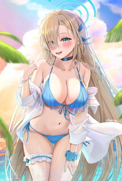 Anime picture 3434x5059 with blue archive asuna (blue archive) dokimaru single tall image looking at viewer blush fringe highres breasts open mouth blue eyes light erotic blonde hair smile hair between eyes large breasts signed absurdres sky