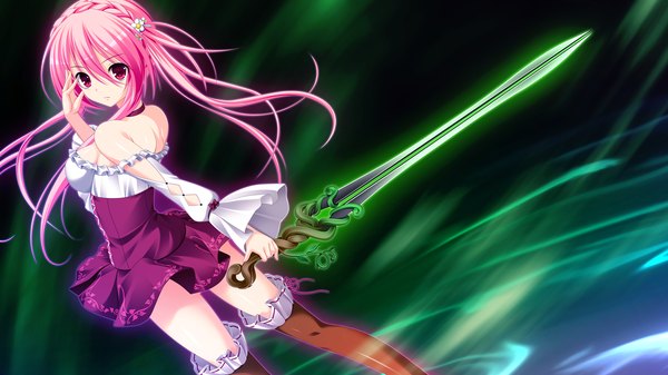 Anime picture 2560x1440 with gensou no idea nanami naru makita maki single long hair looking at viewer highres light erotic wide image bare shoulders pink hair game cg cleavage pink eyes looking back girl dress hair ornament weapon sword