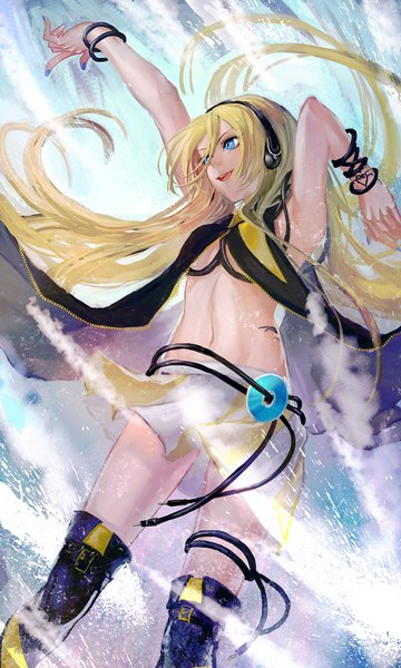 Anime picture 900x1500 with vocaloid lily (vocaloid) yamakawa umi single long hair tall image open mouth blue eyes light erotic blonde hair smile nail polish arm up fingernails armpit (armpits) floating hair girl thighhighs skirt navel