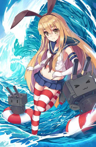 Anime picture 1240x1900 with kantai collection shimakaze destroyer rensouhou-chan baisi shaonian long hair tall image looking at viewer blush blonde hair brown eyes bent knee (knees) zettai ryouiki :3 > < girl thighhighs skirt gloves navel hair ornament