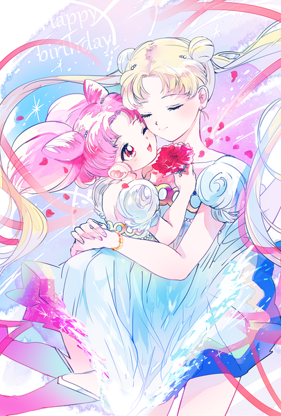 Anime picture 1000x1480 with bishoujo senshi sailor moon toei animation tsukino usagi sailor moon chibiusa princess serenity sailor chibi moon princess usagi small lady super sailor moon super sailor chibi moon asako (itiba) long hair tall image blonde hair twintails multiple girls pink hair eyes closed pink eyes one eye closed