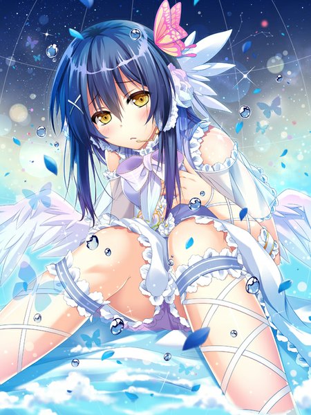 Anime picture 600x800 with love live! school idol project sunrise (studio) love live! sonoda umi hirai yuzuki single long hair tall image open mouth light erotic bare shoulders yellow eyes blue hair bent knee (knees) embarrassed hand on chest angel wings girl hair ornament underwear