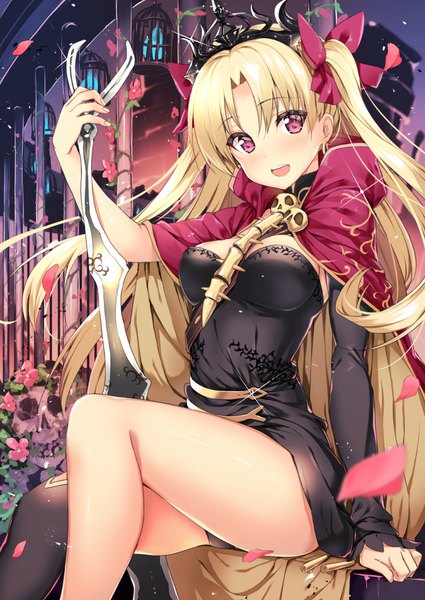 Anime picture 752x1062 with fate (series) fate/grand order toosaka rin ereshkigal (fate) body mahattaya ginga single long hair tall image looking at viewer blush fringe breasts open mouth light erotic blonde hair sitting holding bent knee (knees) :d pink eyes