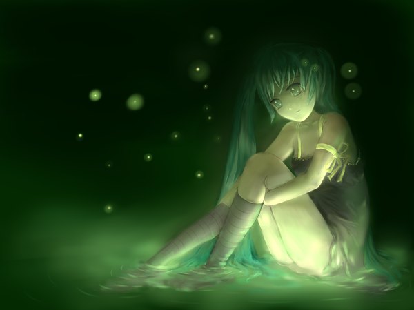 Anime picture 2000x1500 with vocaloid hatsune miku zha tang tang yu single long hair highres light erotic simple background smile sitting bare shoulders aqua eyes aqua hair wet light green background girl dress hair ornament ribbon (ribbons)