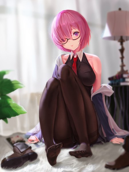 Anime picture 900x1193 with fate (series) fate/grand order mash kyrielight dongfangzhong111 single tall image looking at viewer blush fringe short hair breasts light erotic large breasts sitting purple eyes bare shoulders pink hair full body bent knee (knees) indoors