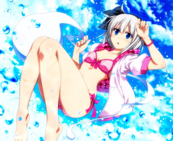 Anime picture 1472x1200 with touhou konpaku youmu myon sazanami mio single blush short hair breasts open mouth blue eyes light erotic looking away sky silver hair cloud (clouds) ahoge bent knee (knees) barefoot flat chest knees touching