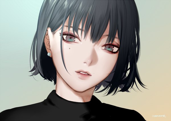 Anime picture 800x566 with original inanome me single fringe short hair black hair simple background signed parted lips head tilt lips mole mole under eye gradient background face multicolored eyes girl earrings stud earrings