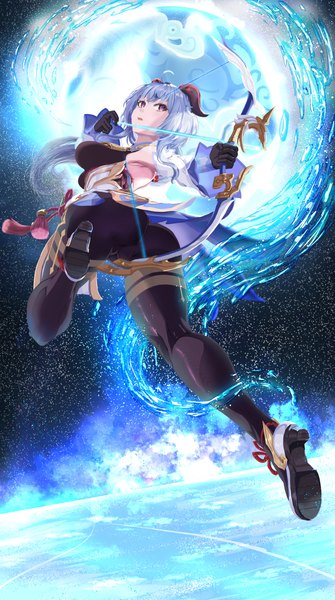Anime picture 2131x3822 with genshin impact ganyu (genshin impact) erng.h single long hair tall image fringe highres open mouth light erotic purple eyes blue hair looking away full body ass from below high heels outstretched arm bell collar fighting stance