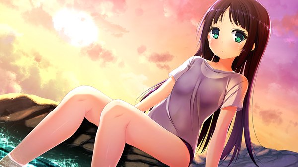 Anime picture 1280x720 with harvest overray giga ouno sumi single long hair looking at viewer blush blue eyes black hair wide image sitting game cg evening sunset girl water t-shirt