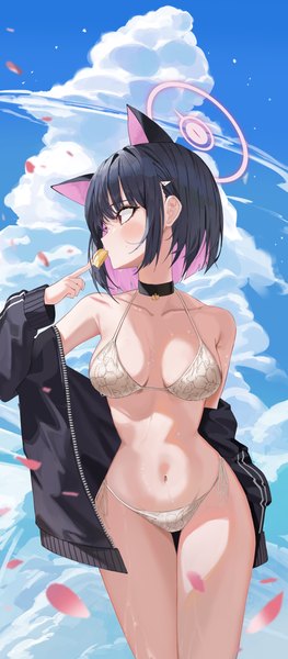 Anime-Bild 2049x4667 mit blue archive kazusa (blue archive) k.j. single tall image fringe highres short hair breasts light erotic black hair red eyes animal ears looking away sky cloud (clouds) outdoors blunt bangs multicolored hair off shoulder