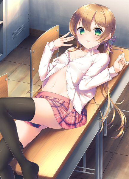 Anime picture 1000x1384 with original miyashita maka single long hair tall image looking at viewer blush fringe light erotic hair between eyes brown hair twintails green eyes payot bent knee (knees) indoors lying long sleeves parted lips from above