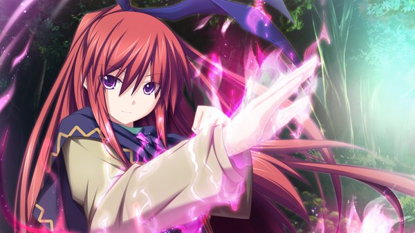 Anime picture 1024x576 with soukoku no arterial single long hair wide image purple eyes game cg ponytail red hair magic girl