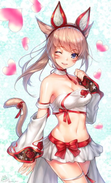 Anime picture 1600x2640 with final fantasy final fantasy xiv square enix miqo'te mirukurim single long hair tall image blush fringe breasts open mouth blue eyes light erotic bare shoulders signed animal ears pink hair tail animal tail