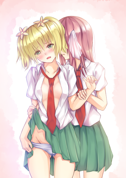 Anime picture 2480x3508 with sakura trick studio deen takayama haruka sonoda yuu long hair tall image blush highres short hair open mouth light erotic blonde hair standing twintails multiple girls holding green eyes pink hair red hair open clothes