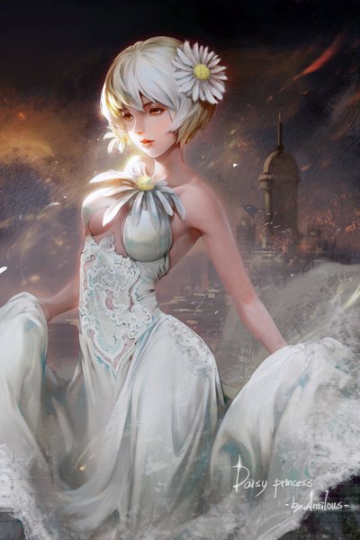 Anime picture 714x1071 with original antilous (anti) single tall image fringe short hair breasts hair between eyes standing bare shoulders holding signed looking away outdoors hair flower orange eyes sideboob text cleavage cutout english