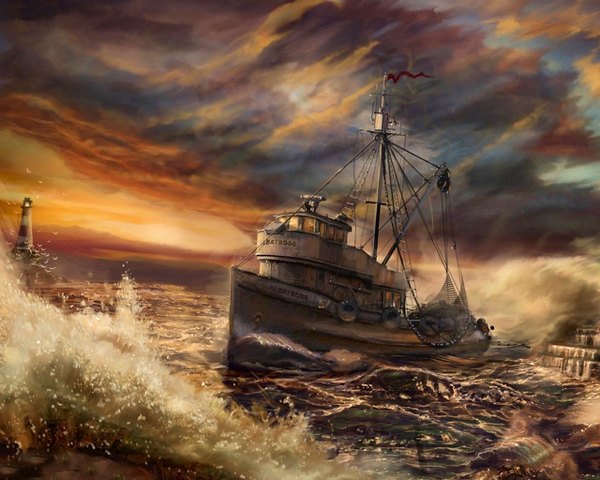 Anime picture 1280x1024 with tagme (artist) sky sea watercraft ship lighthouse