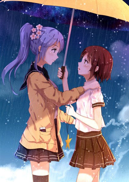 Anime picture 596x840 with original byakuya reki long hair tall image blush short hair open mouth smile brown hair standing multiple girls holding brown eyes purple hair cloud (clouds) ponytail long sleeves profile pleated skirt hair flower